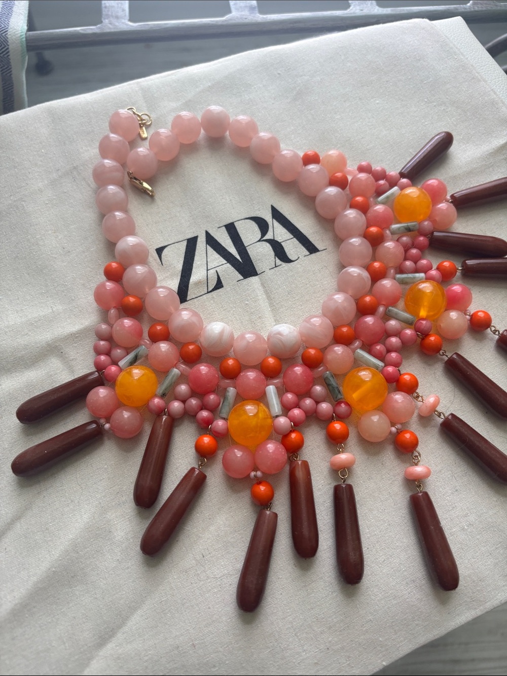 Zara Pink, Burgundy and Yellow Beaded Bib Necklace - Picture 3 of 6